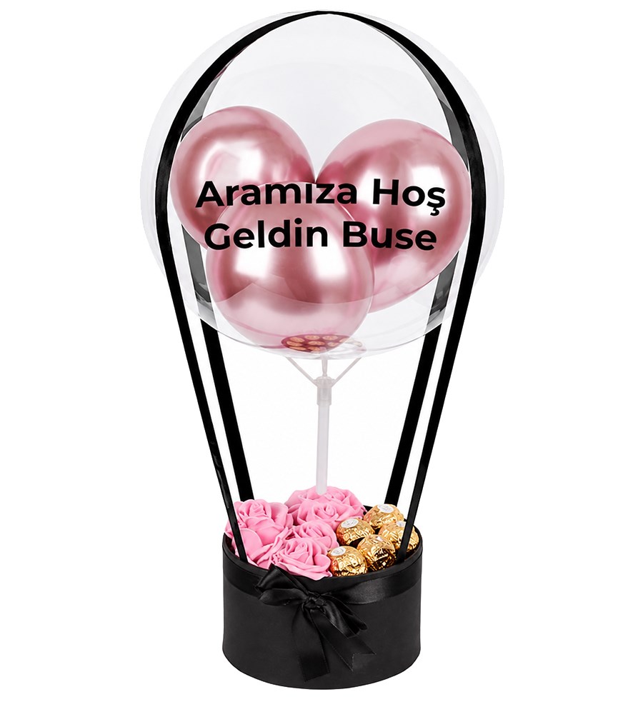 Balonlu Yuvarlak Siyah Kutuda Çikolatalı Yapay Pembe Gül