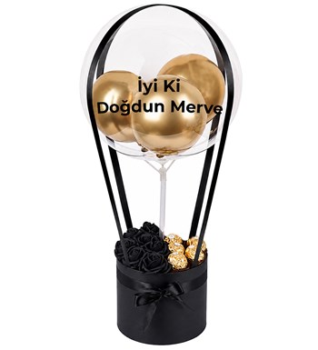 Lilyana Flowers - Balonlu Yuvarlak Siyah Kutuda Çikolatalı Yapay Siyah Gül
