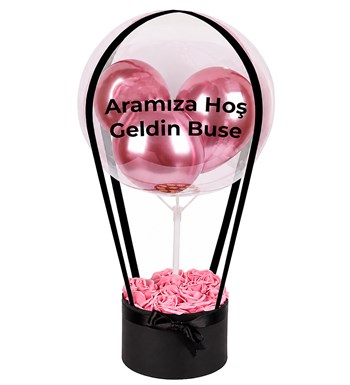 Lilyana Flowers - Balonlu Yuvarlak Siyah Kutuda Yapay Pembe Gül