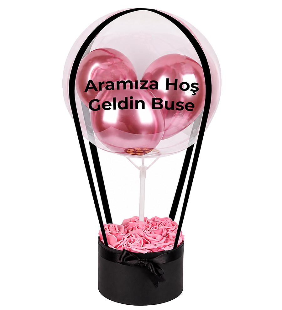 Balonlu Yuvarlak Siyah Kutuda Yapay Pembe Gül