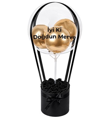Lilyana Flowers - Balonlu Yuvarlak Siyah Kutuda Yapay Siyah Gül