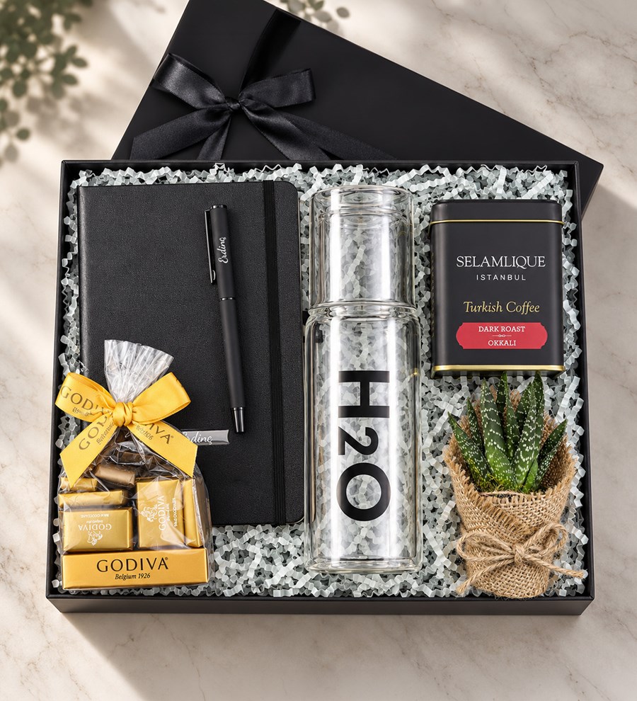 Defter & Kalem & Godiva Çikolata & Türk Kahvesi & Başucu Sürahisi Hediye Seti