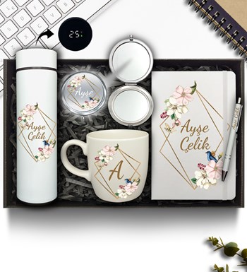 Kişiye Özel Beyaz Dereceli Termos & Defter & Kupa & Ayna & Kalem Hediye Seti