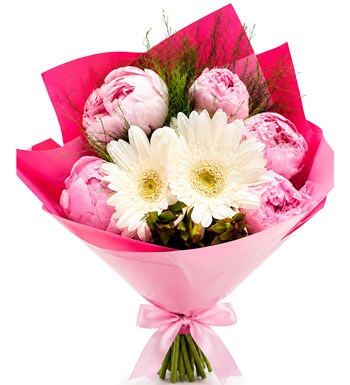 Lilyana Flowers - Beyaz Gerbera ve Pembe Şakayık Buketi