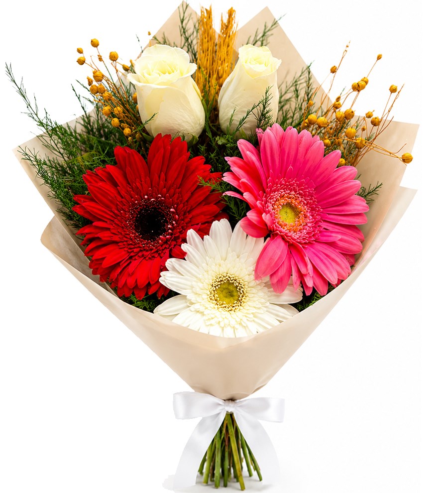 Beyaz Gül ve Renkli Gerbera Buketi