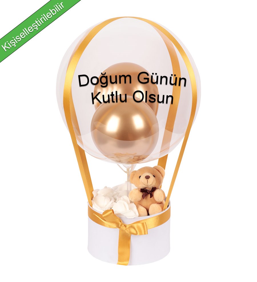Balonlu Yuvarlak Beyaz Kutuda Ayıcıklı Yapay Beyaz Gül