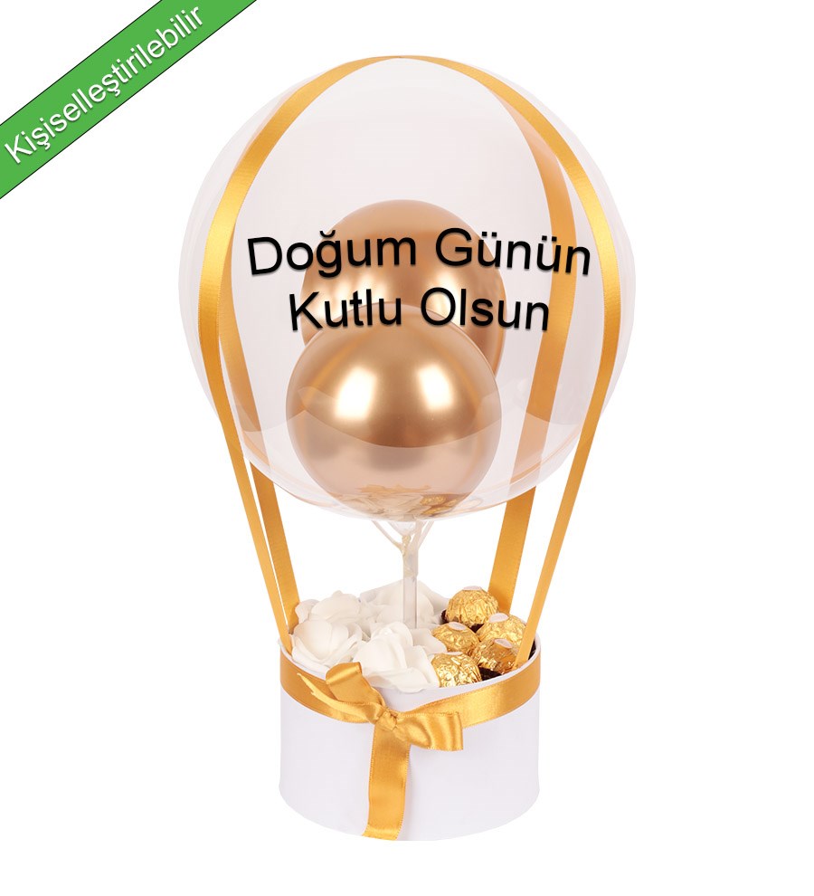 Balonlu Yuvarlak Beyaz Kutuda Rocher Yapay Beyaz Gül