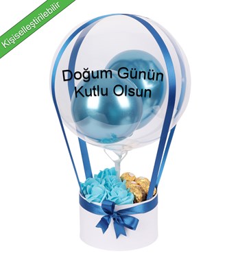 Balonlu Yuvarlak Beyaz Kutuda Rocher Yapay Mavi Gül
