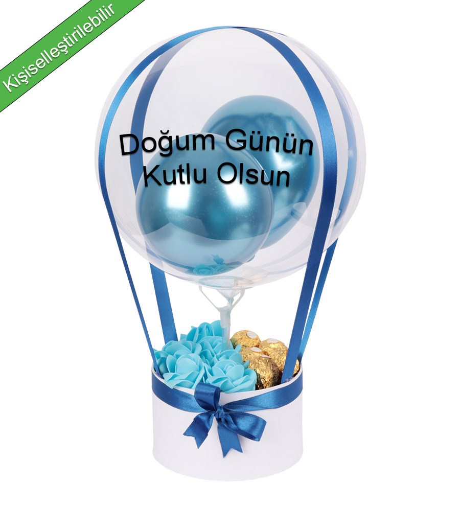 Balonlu Yuvarlak Beyaz Kutuda Rocher Yapay Mavi Gül