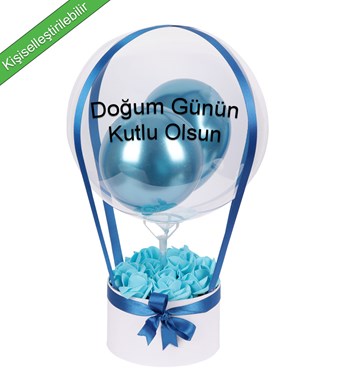 Balonlu Yuvarlak Beyaz Kutuda Yapay Mavi Gül