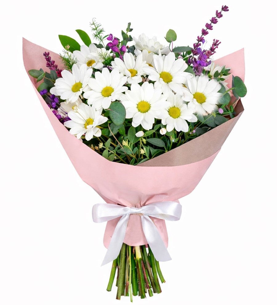 Lavanta Dokunuşlu Beyaz Papatya Buketi