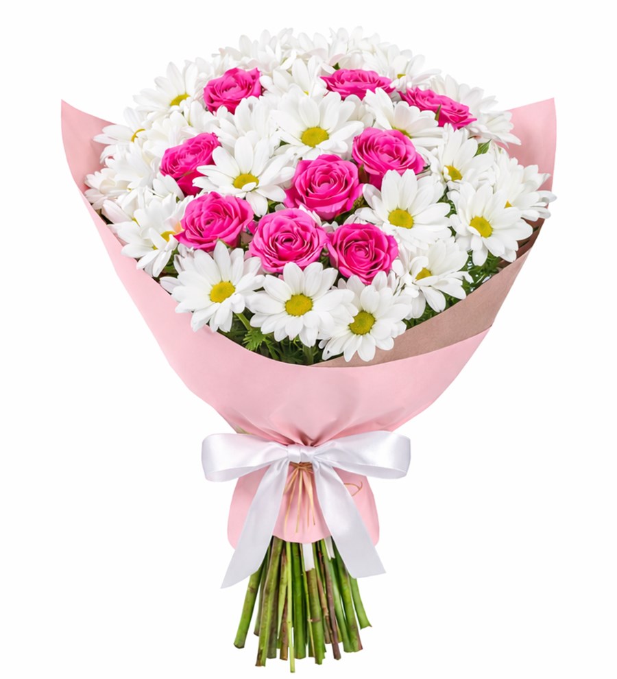 Pembe Çardak Güllü Beyaz Papatya Buketi