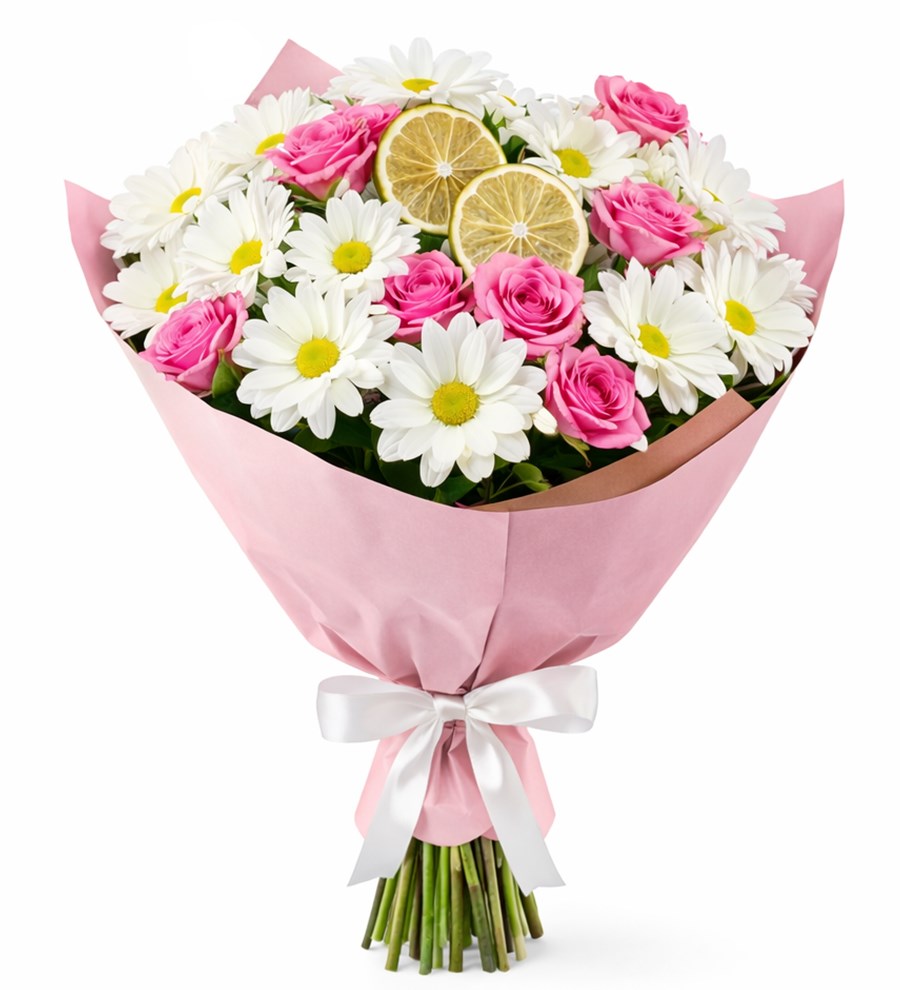 Limon Detaylı Pembe Çardak Güllü Beyaz Papatya Buketi
