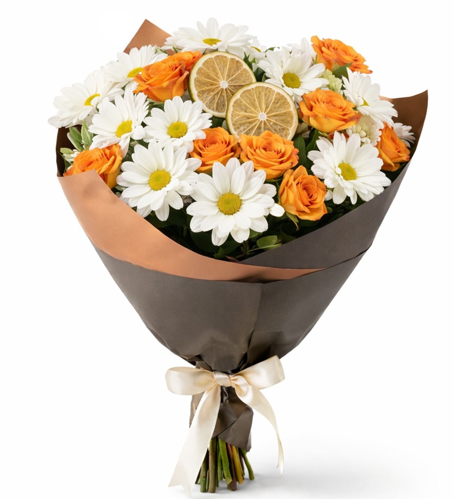 Limon Detaylı Turuncu Çardak Güllü Beyaz Papatya Buketi