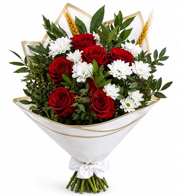 Lilyana Flowers - Beyaz Papatya ve Kırmızı Gül Buketi