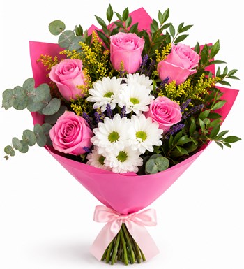 Lilyana Flowers - Beyaz Papatya ve Pembe Gül Buketi