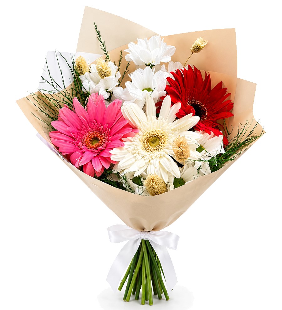 Beyaz Papatya ve Renkli Gerbera Buketi