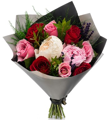 Lilyana Flowers - Beyaz Pembe Şakayık ve Karışık Güller Buketi