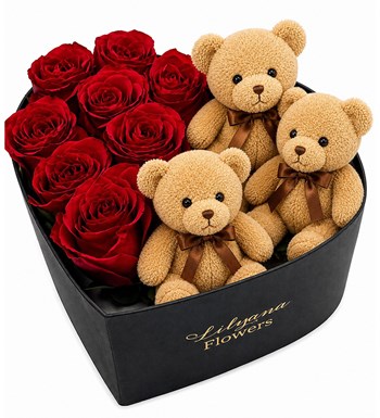 Lilyana Flowers - Büyük Kalpli Siyah Kutuda Ayıcıklı Kırmızı Gül
