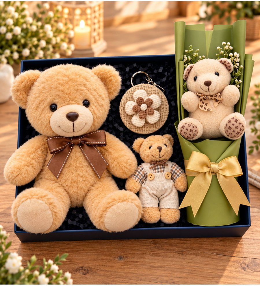 Peluş Oyuncak Mini Ayıcık Buketi Anahtarlık ve Ayna Hediye Seti