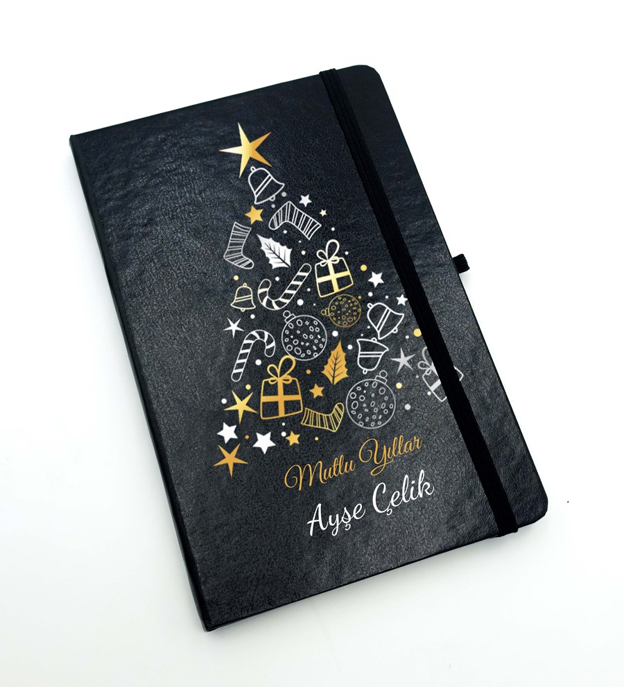 Kasa İçerisinde Çam Ağacı & Kişiye Özel Siyah Defter & Kar Küresi & Kalem Hediye Seti