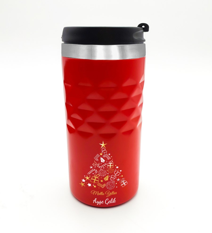 Yılbaşı Temalı Kişiye Özel Kırmızı Termos & Kupa & Mini Çam Ağacı & Mini Fındıkkıran Figürü Hediye Seti