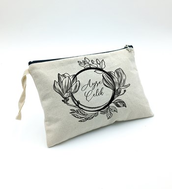 Kişiye Özel Kanvas Makyaj Çantası & Ayna & Gümüş Kaplama Melek Kolye Hediye Seti