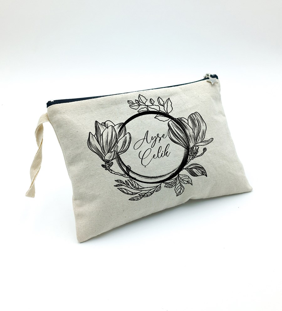 Kişiye Özel Kanvas Makyaj Çantası & Ayna & Gümüş Kaplama Melek Kolye Hediye Seti