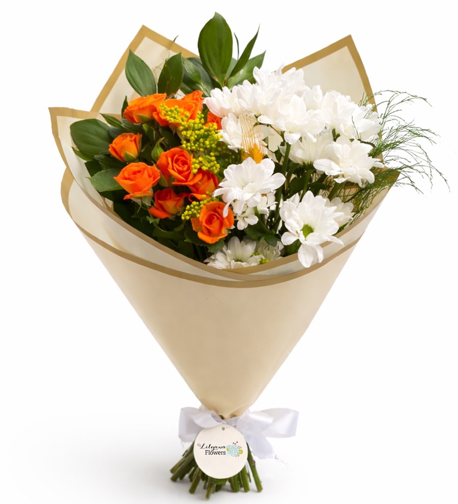 Turuncu Çardak Güllerle Beyaz Papatya Buketi