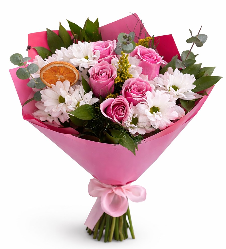 Pembe Güllerle Beyaz Papatya Buketi