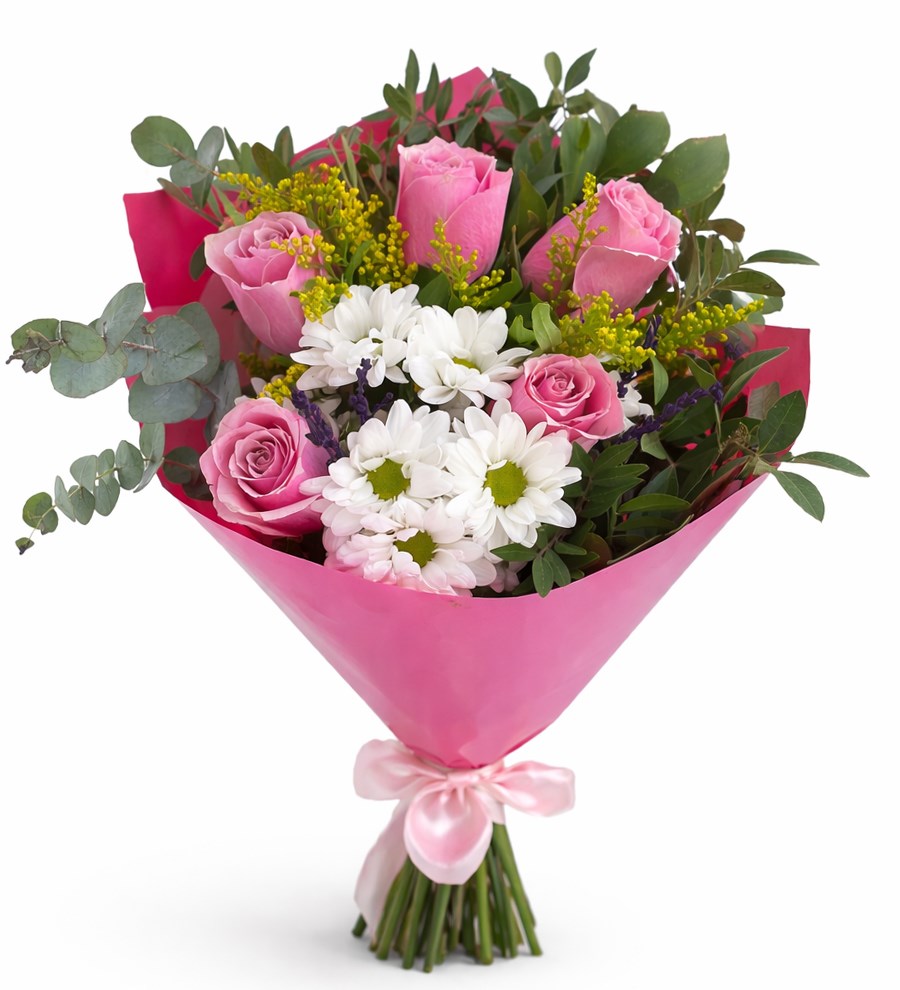 Beyaz Papatya ve Pembe Gül Buketi