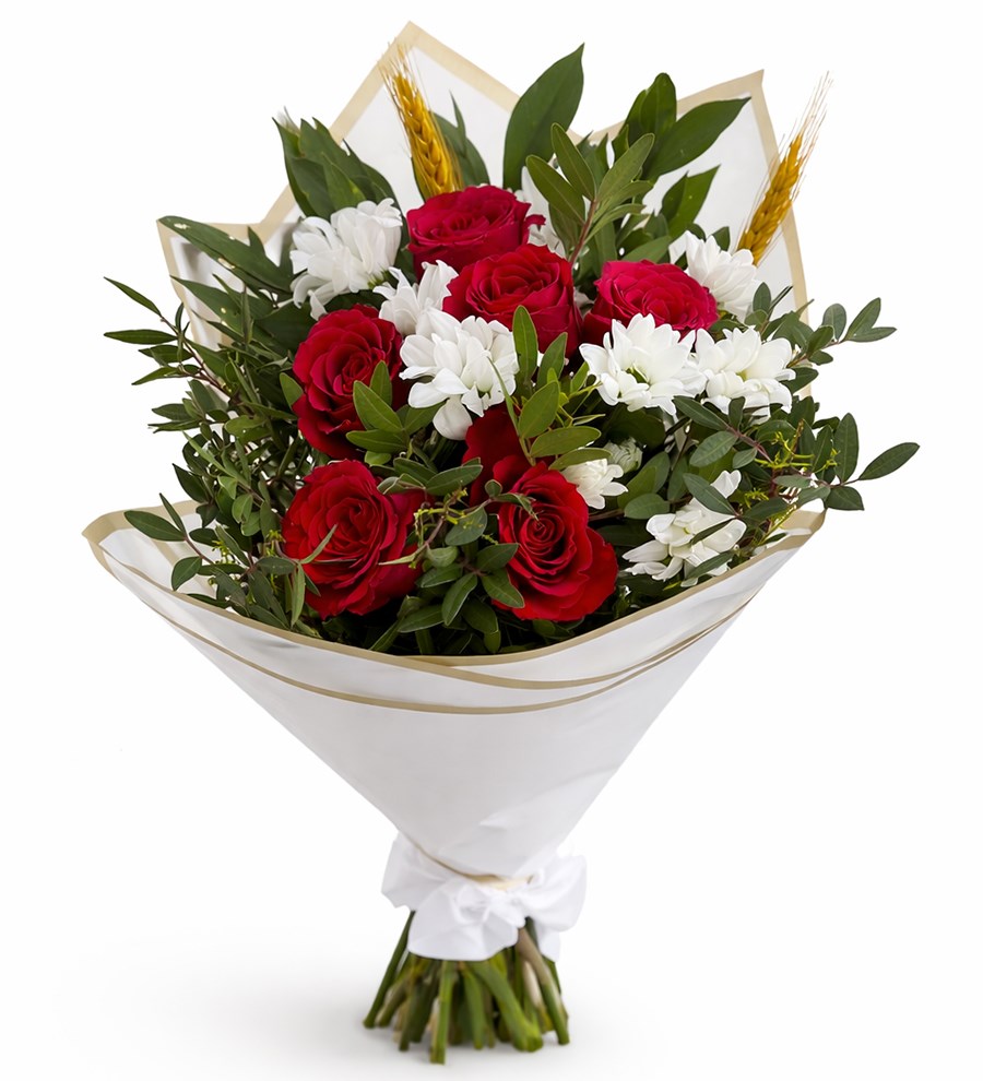 Beyaz Papatya ve Kırmızı Gül Buketi