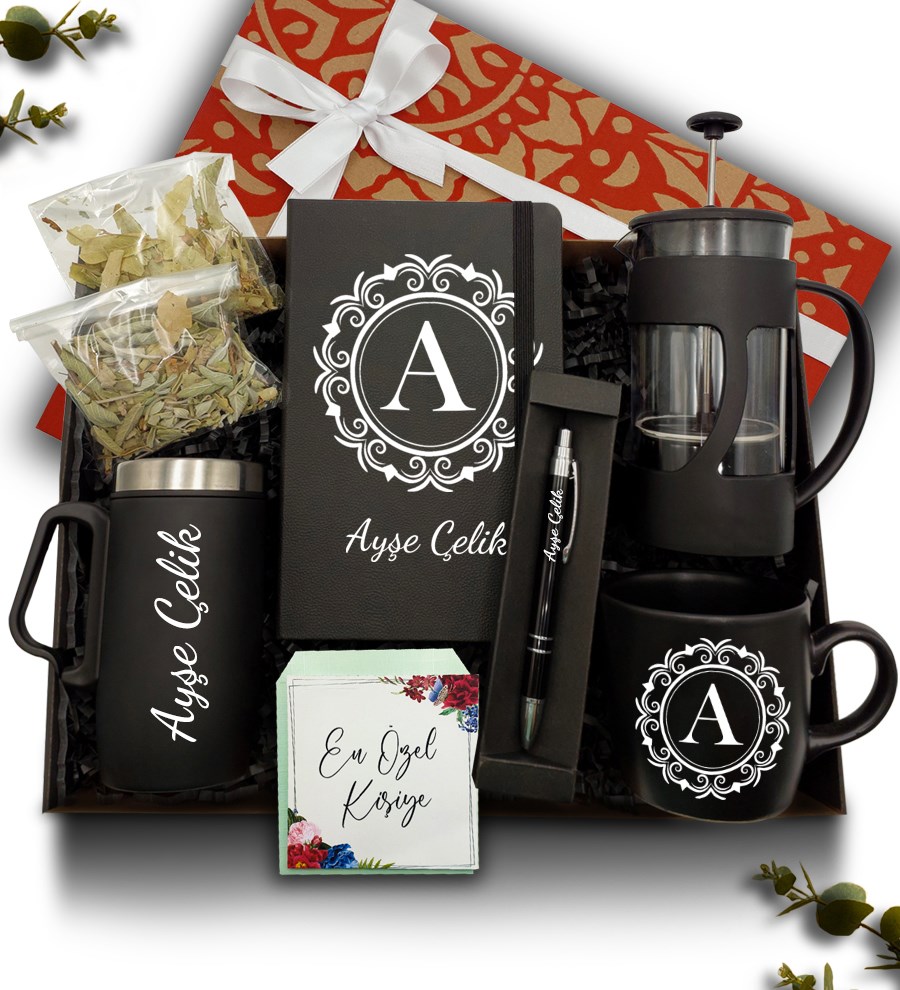 Kişiye Özel Termos Bardak & French Press & Kupa & Defter & Kalem & Ihlamur & Adaçayı Hediye Seti