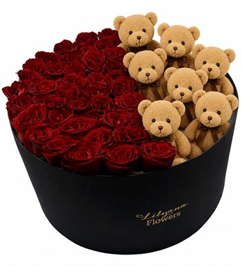 Lilyana Flowers - Dev Kutuda Ayıcıklı Kırmızı Gül