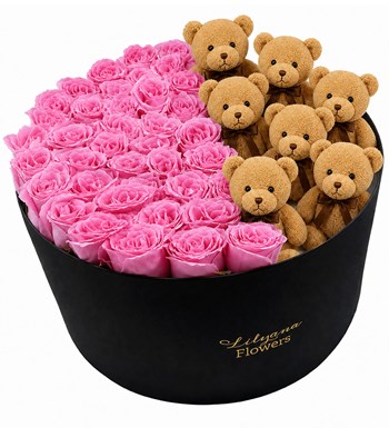 Lilyana Flowers - Dev Kutuda Ayıcıklı Pembe Gül