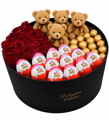 Lilyana Flowers - Dev Kutuda Çikolatalı Ayıcıklı Kırmızı Gül