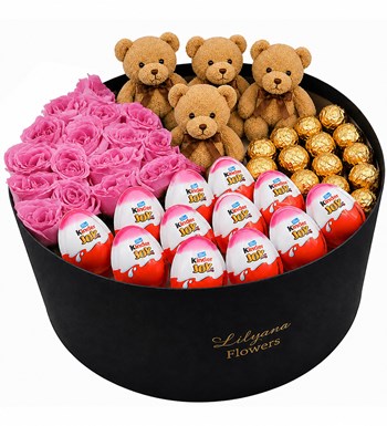 Lilyana Flowers - Dev Kutuda Çikolatalı Ayıcıklı Pembe Gül