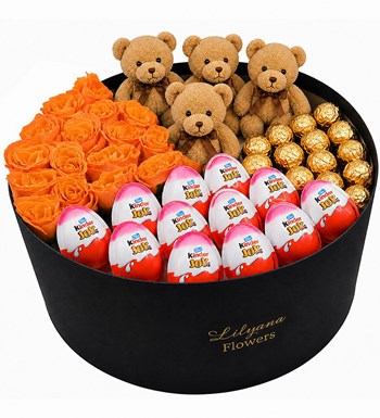 Lilyana Flowers - Dev Kutuda Çikolatalı Ayıcıklı Turuncu Gül