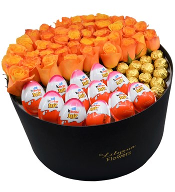 Lilyana Flowers – Dev Kutuda Çikolatalı Turuncu Gül