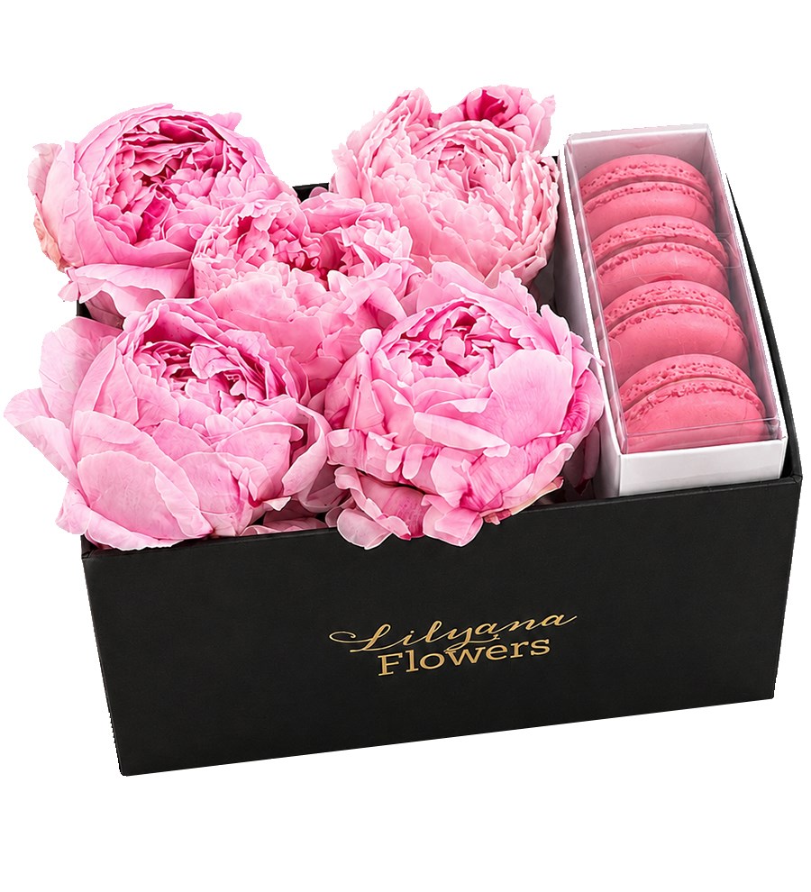 Dikdörtgen Siyah Kutuda Macaronlu Pembe Şakayık