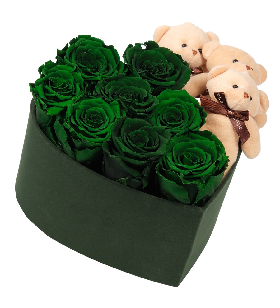 Green Box Solmayan Yeşil Gül ve Ayıcık
