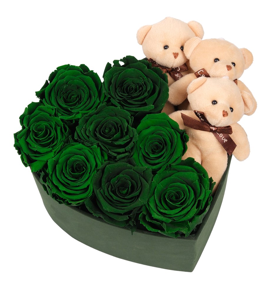 Green Box Solmayan Yeşil Gül ve Ayıcık