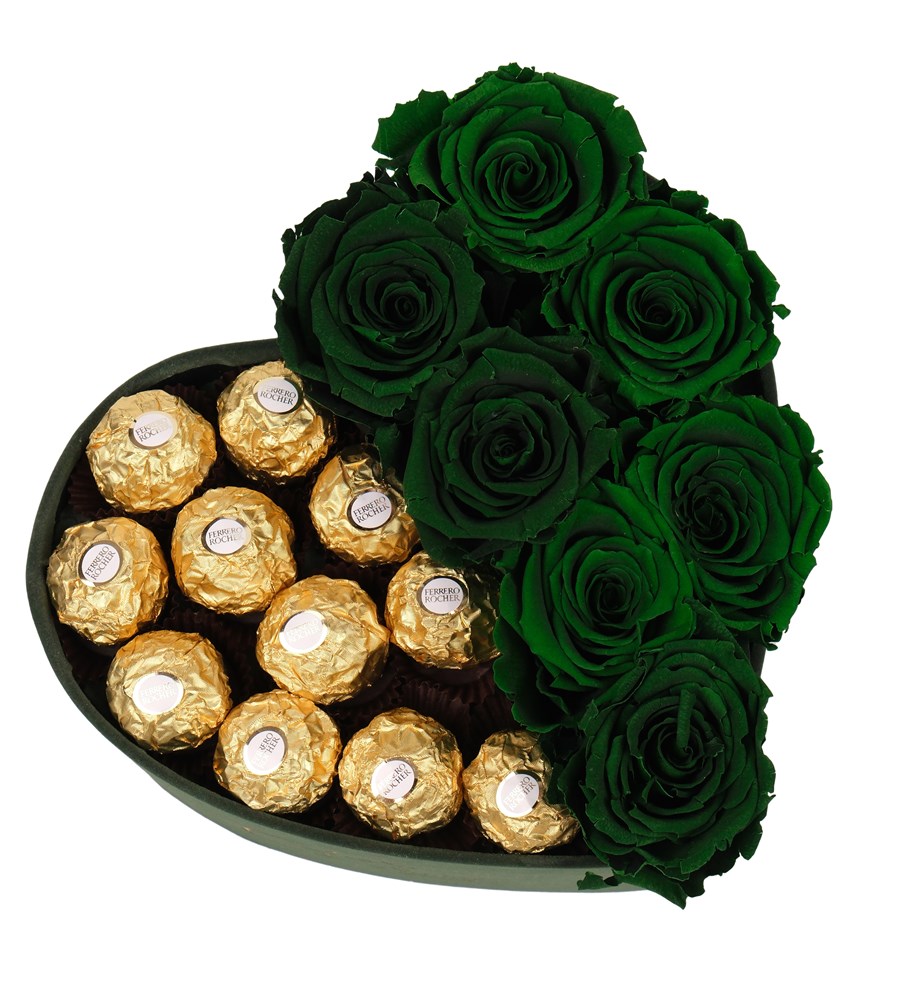 Green Box Solmayan Yeşil Gül ve Rocher Çikolata