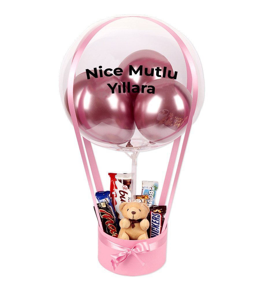 Balonlu Peluşlu Çikolata Kutusu Pembe