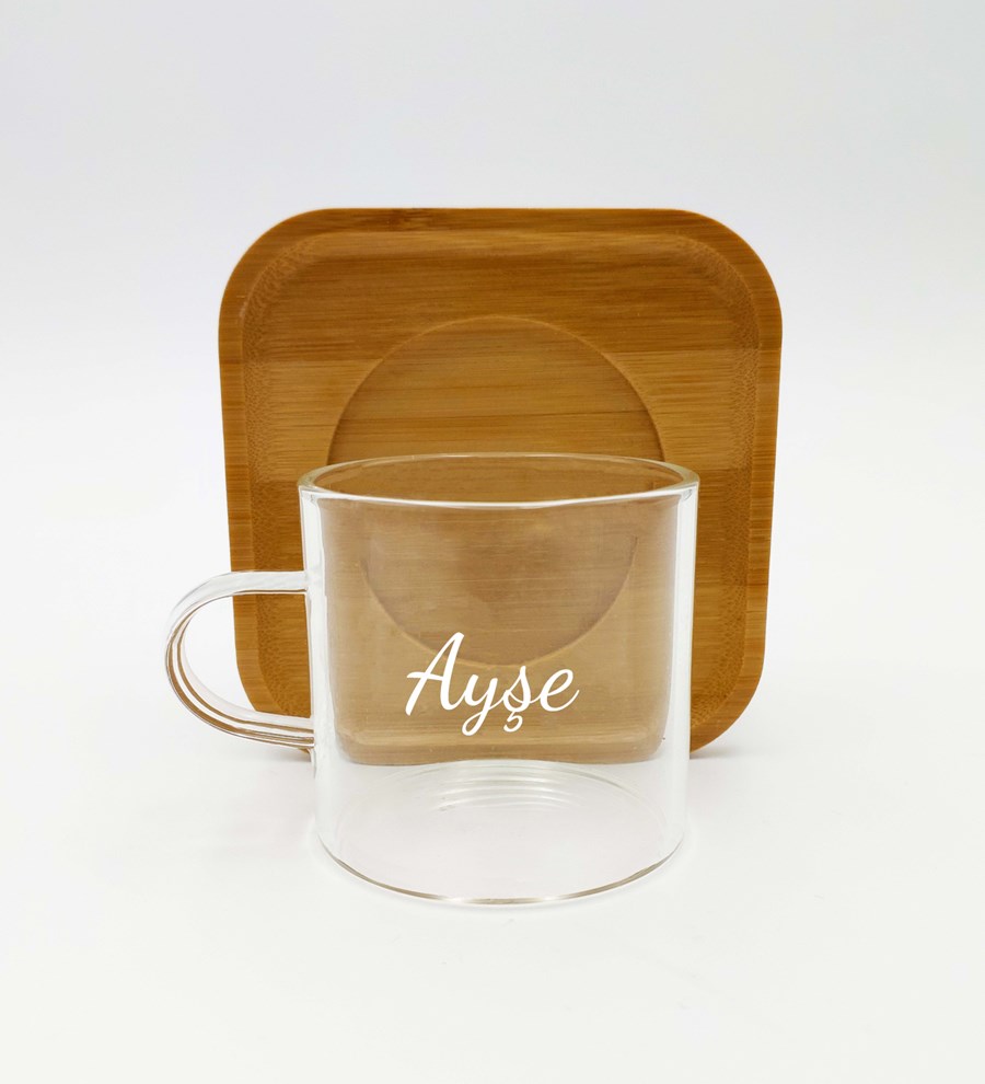 2'li Bambu Tabaklı Cam Fincan &Cam Cezve & Selamlique Türk Kahvesi & Kahve Yanı Cam Su Bardağı Hediye Seti