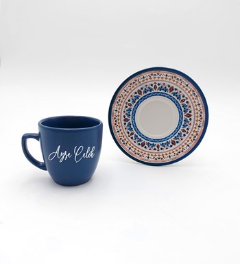 Kişiye Özel Mavi Fincan & Tasarımlı Defter & Bardak Mum Hediye Seti