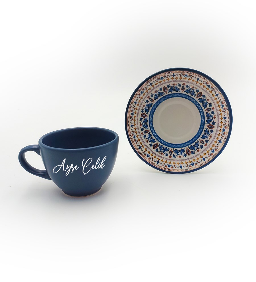 Kişiye Özel Mavi Defter & Mavi Çay Fincanı & Beyaz Kalem & Bubble Mum Hediye Seti