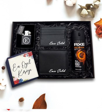 Kişiye Özel Siyah Cüzdan & Kartlık & Zippo Tarzı Çakmak & AXE Deodorant Hediye Seti