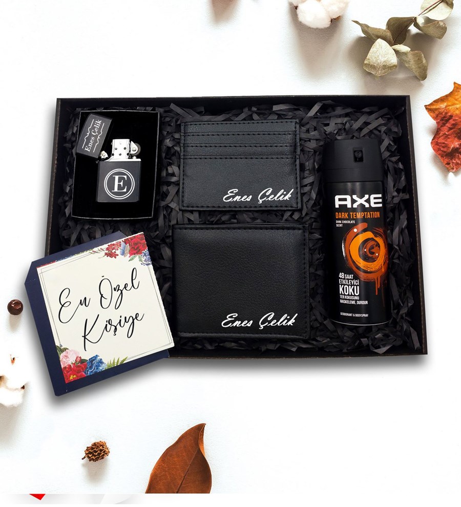 Kişiye Özel Siyah Cüzdan & Kartlık & Zippo Tarzı Çakmak & AXE Deodorant Hediye Seti