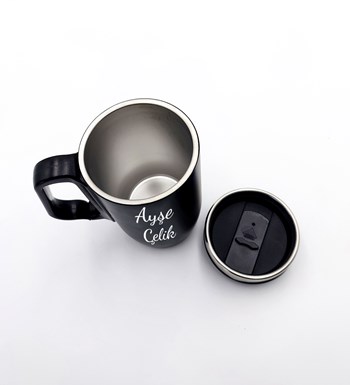 Kişiye Özel Siyah Bardak Termos & Defter & Plastik Kalem Hediye Seti